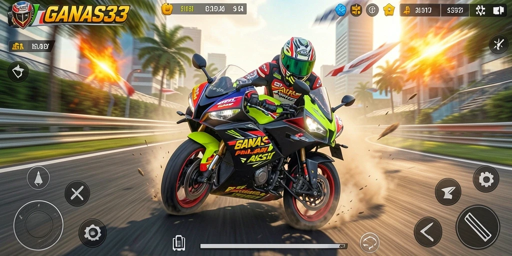 Tangkapan layar gameplay <strong>GANAS33</strong> menampilkan aksi balapan motor yang seru.