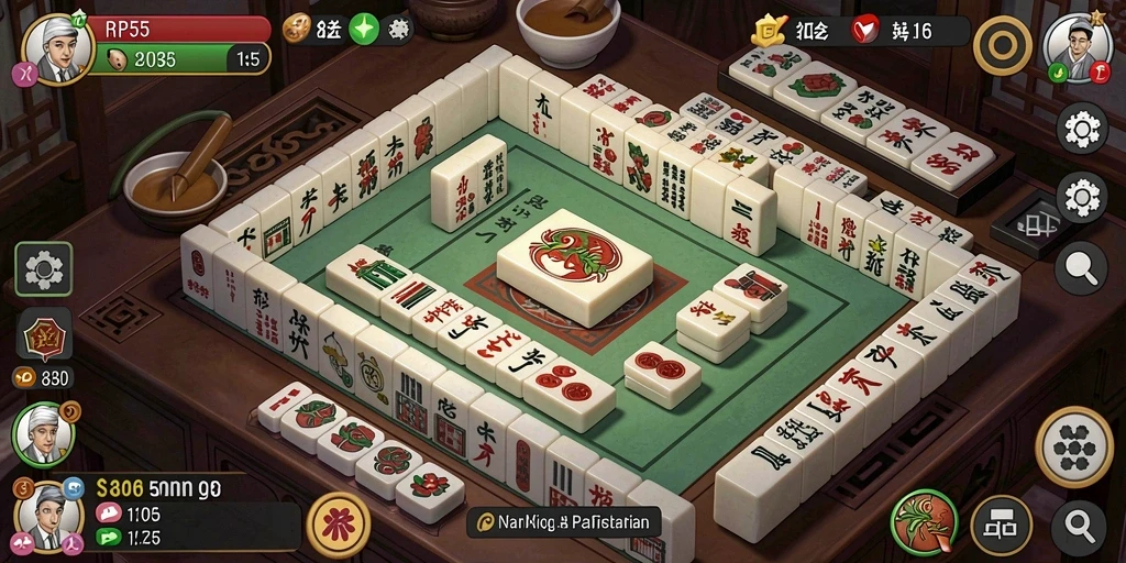 Screenshot gameplay RP55 dengan ubin Mahjong yang menawan.