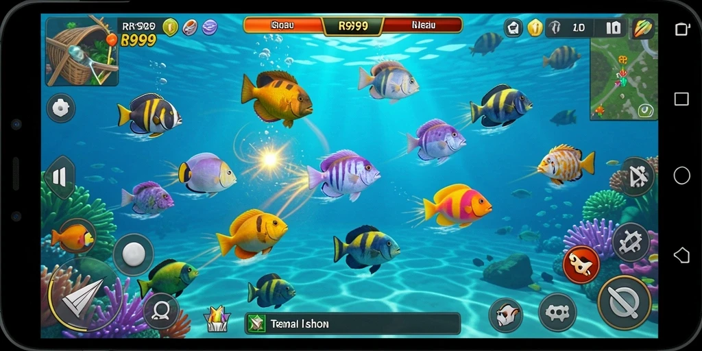 Tangkapan layar gameplay RR999 dengan aksi Tembak Ikan yang mendebarkan.