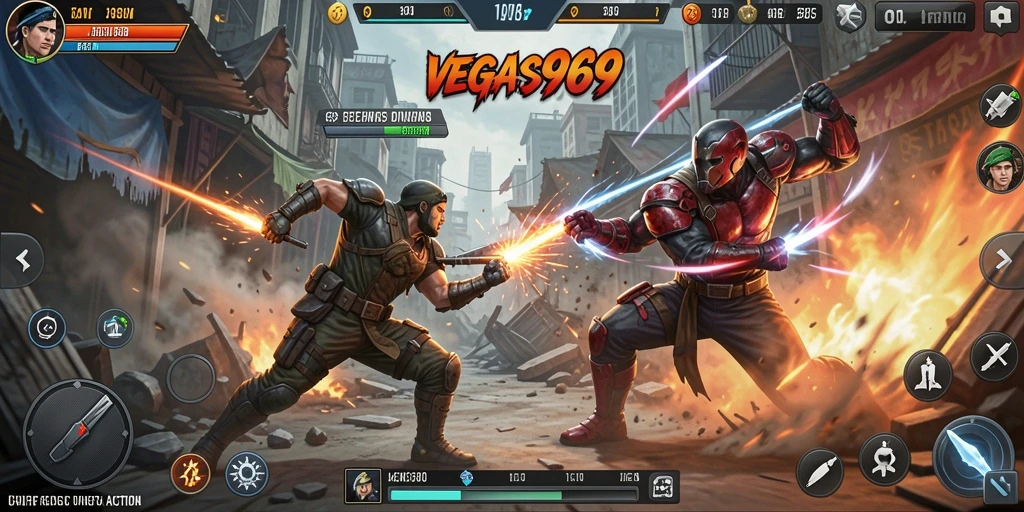 Screenshot gameplay VEGAS969 menampilkan pertarungan aksi yang mendebarkan.
